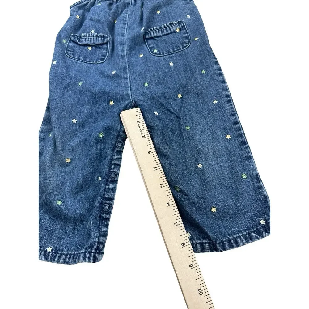 Vintage 2002 Gymboree Baby Denim Overalls Floral Embroidered Snap Romper 12-18M
